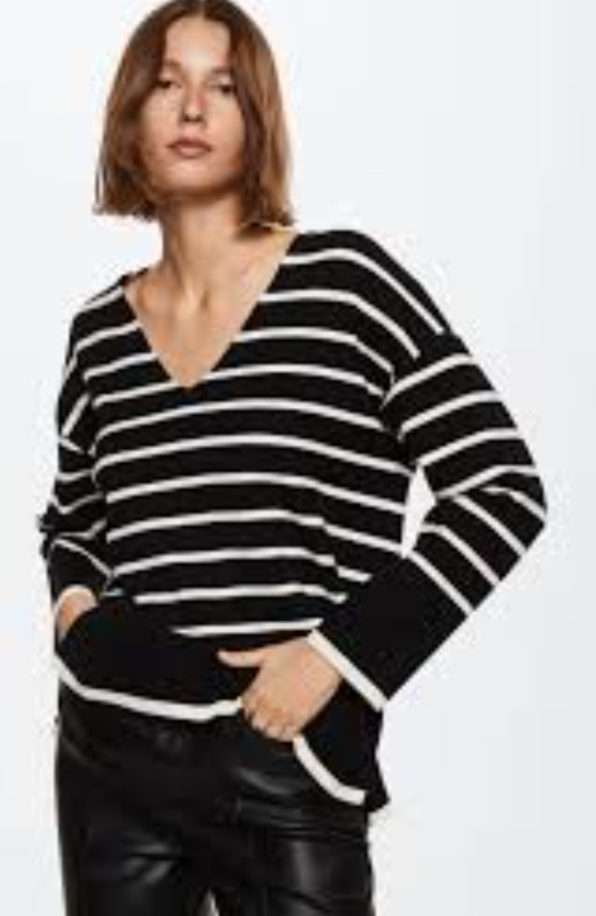 Mango Oversized Black White Pullover V Neck Sweater